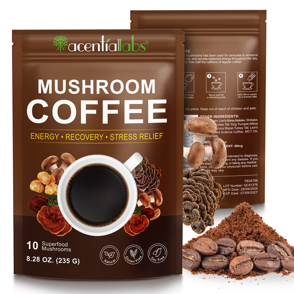 Acentiallabs Mushroom Coffee Powder Boost Energy Improve Immune Organic Mushroom Instant Coffee with Lions Mane & Turkey Tail