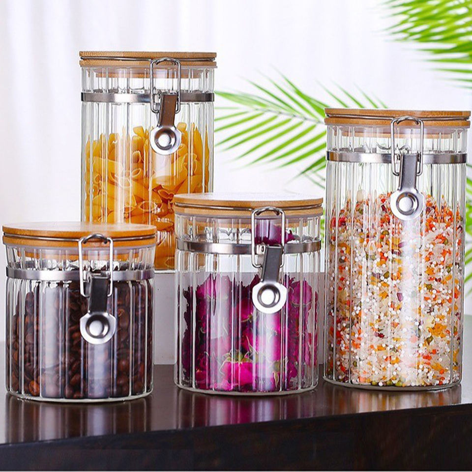 Transparent Airtight Vertical Stripe High Borosilicate Glass Grain Storage Jars with Snap-on Lid