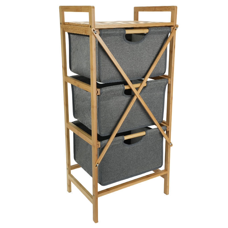 3 Tier Laundry Basket Bamboo Storage Shelf with Removable Storage Basket for  Living Room Bedroom Bathroom