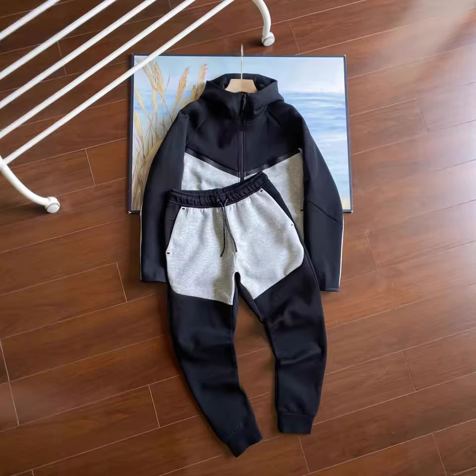 Men's Bonded Tech Fleece Zip-Up Hoodie and Jogger Pants Set Spring Casual Tracksuit