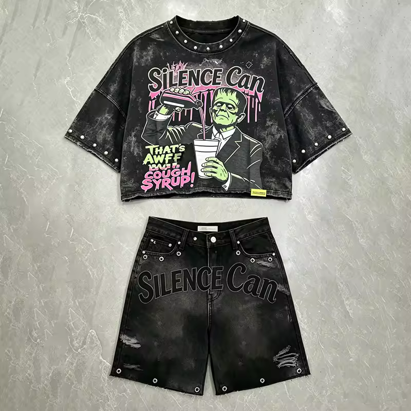 Custom Summer Graphic DTG Print Men's T-Shirt Sets Cropped Acid Wash Rhinestone Boxy Style Streetwear 2 Piece Short Set