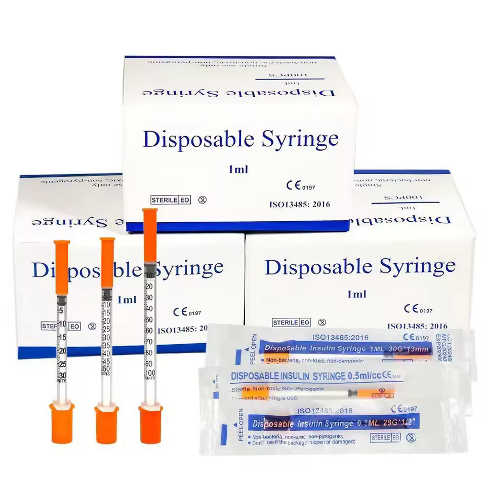 Customizable 100 Pieces/box Disposable Sterile Medical & Veterinary 0.3ml 0.5ml 1ml Insulin Syringes 31G Safety Diabetic Needle