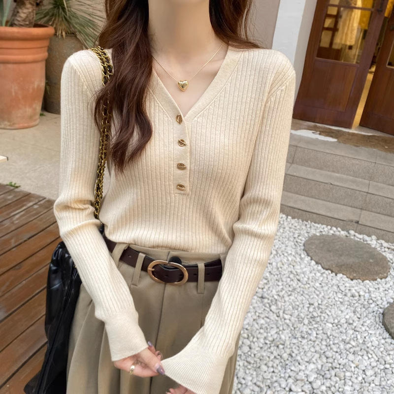 Women Vintage Ribbed Button Half Cardigan Loose Knit V-Neck Outerwear Embroidery Casual