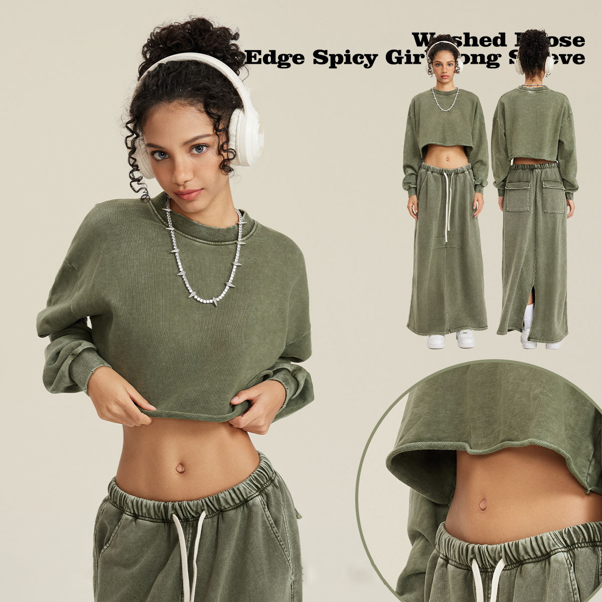 Women 100% Cotton Long Sleeve Crop Top Heavyweight Crew Neck Slim Fit Vintage Tee Autumn Winter
