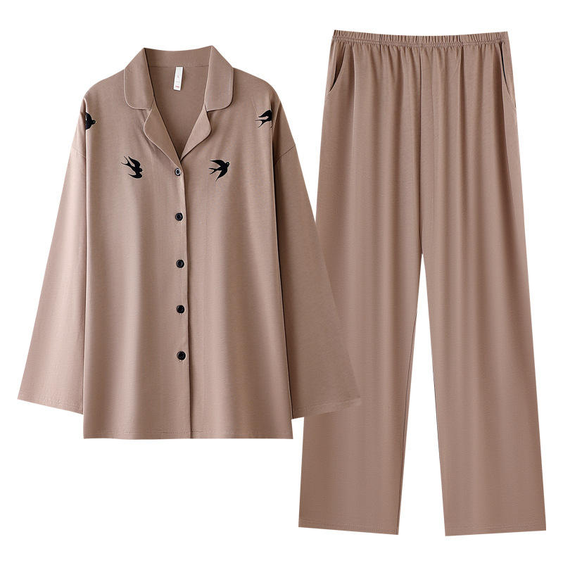 Antibacterial Knitted Cotton Autumn Women Long Sleeve Pajamas Set