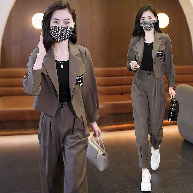 Women Spring Autumn Short Blazer Pants Two-Piece Set